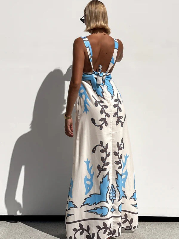 Light Blue Shoulder Strap Abstract Printed Dress