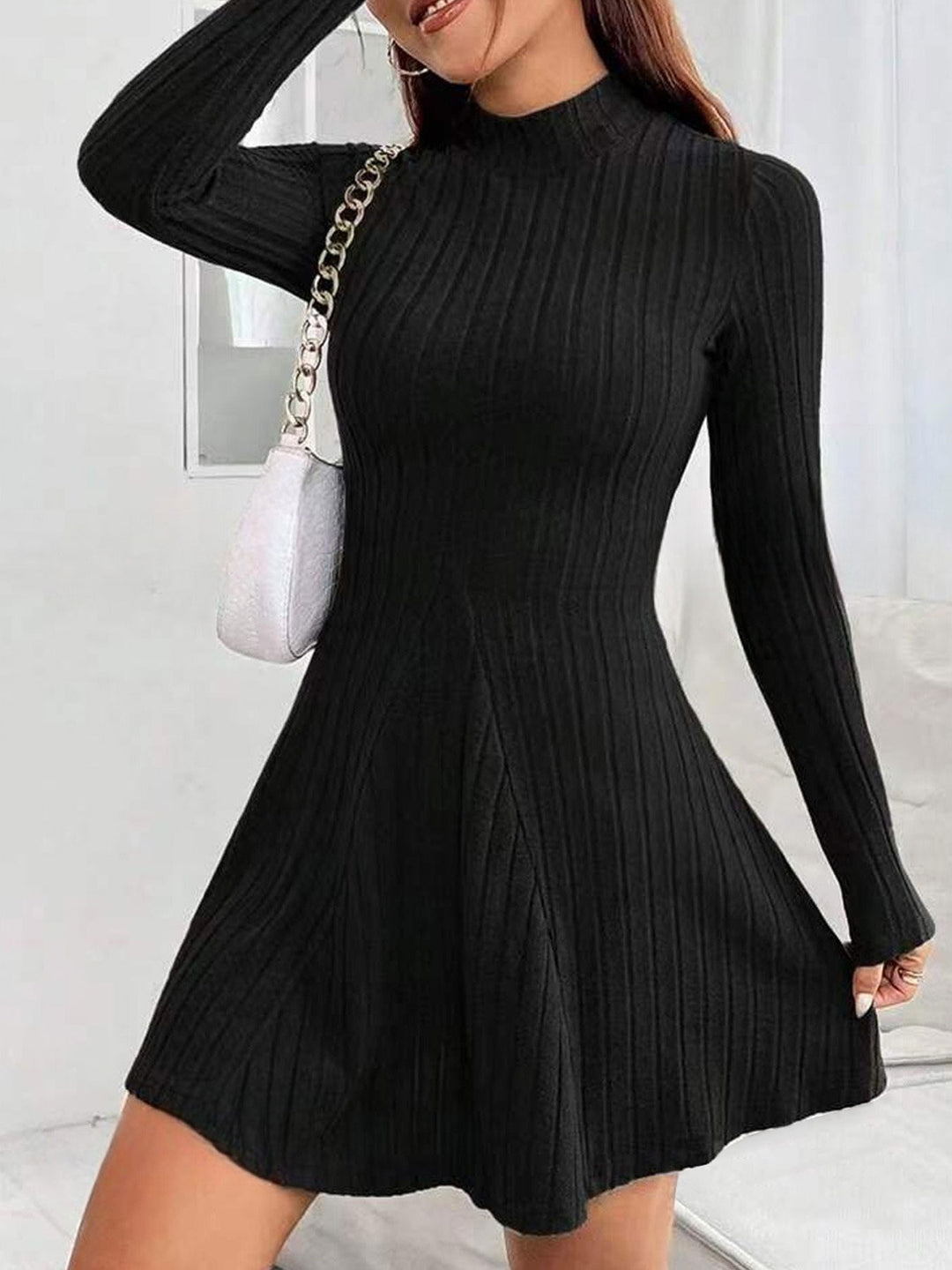Black Textured Rib Solid Skater Dress