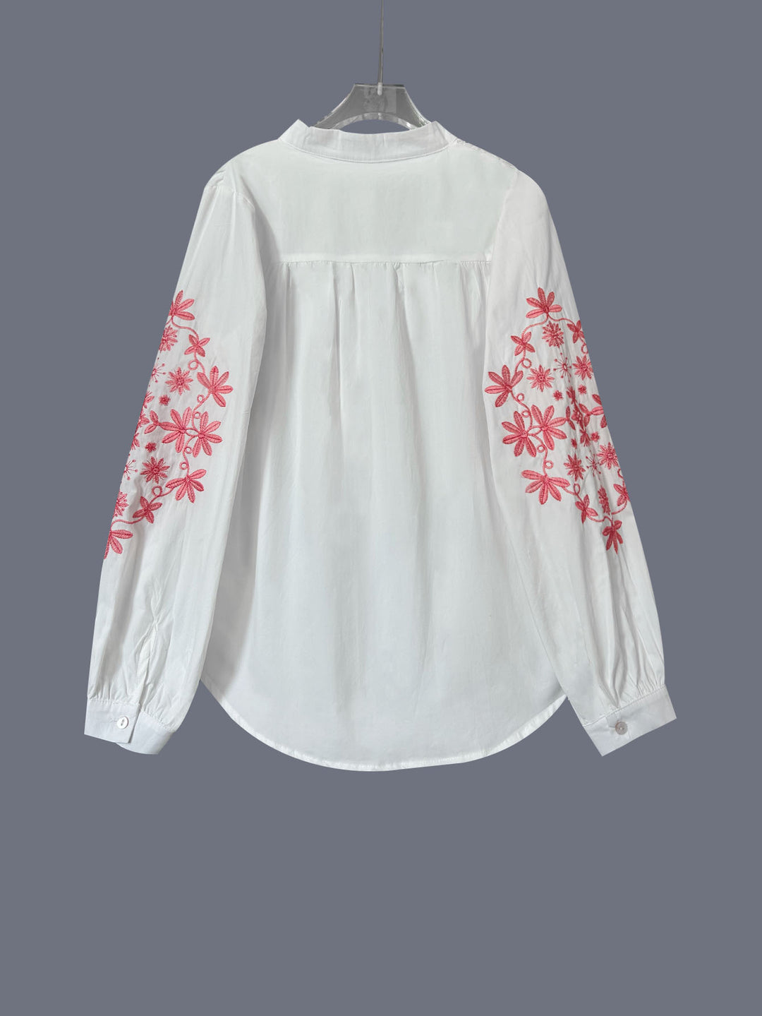 White Bishop Sleeve Front Buttoned Mandarin Collar Embroidered Top