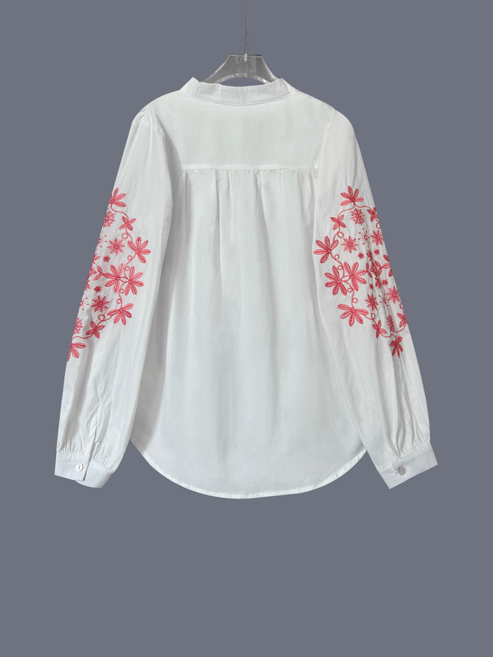 White Bishop Sleeve Front Buttoned Mandarin Collar Embroidered Top