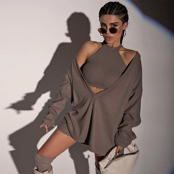 Brown V-Neck Pullover With Fitted  Top