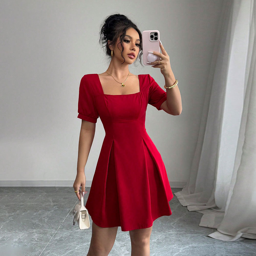 Red Short Sleeve Pleated Dress