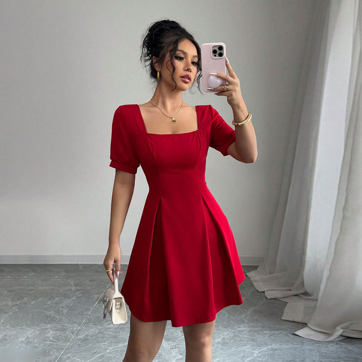 Red Short Sleeve Pleated Dress