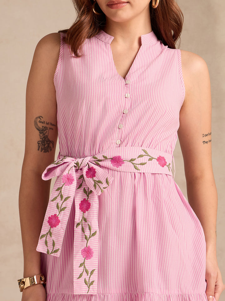 Pink Flared Sleeveless Midi Dress