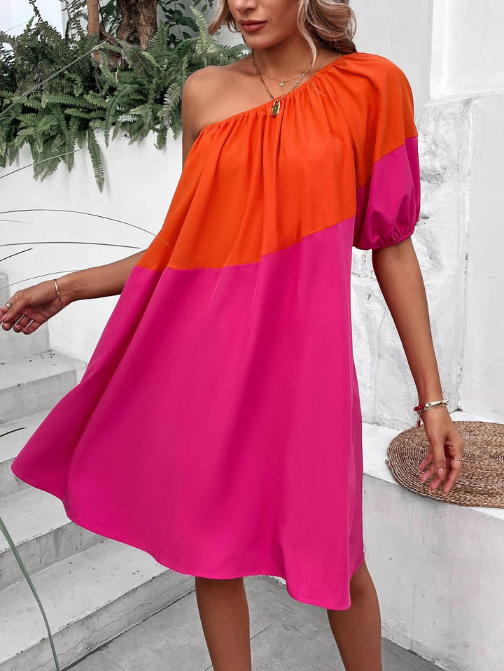 Multi Dual Toned One Shoulder Shift Dress