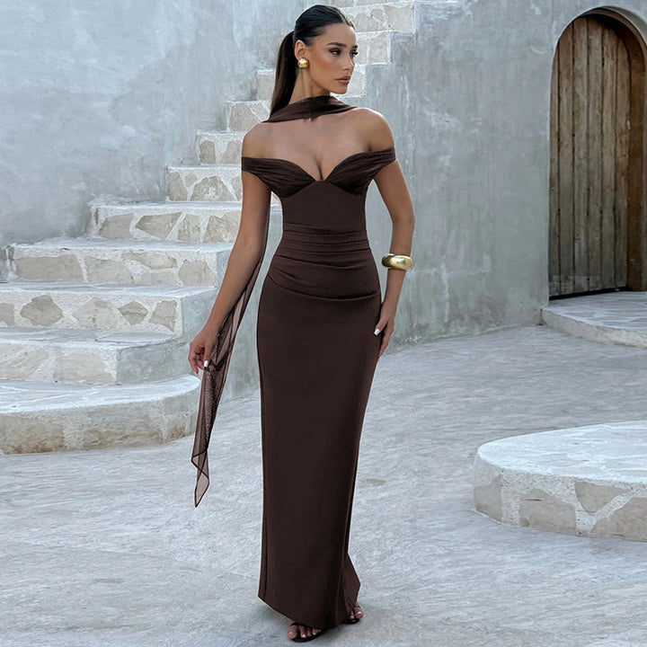 Brown Off-Shoulder Fit And Flare Dress