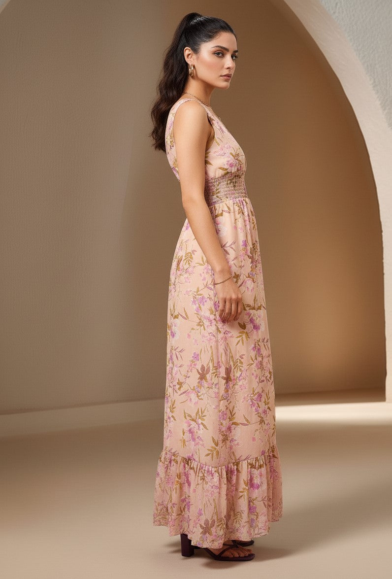Beige Sleeveless Printed Flowy Dress