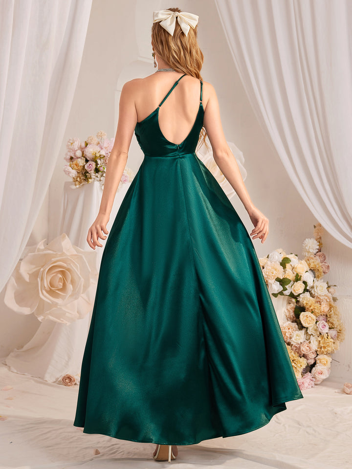 Dark Green One Shoulder Side Slit Dress
