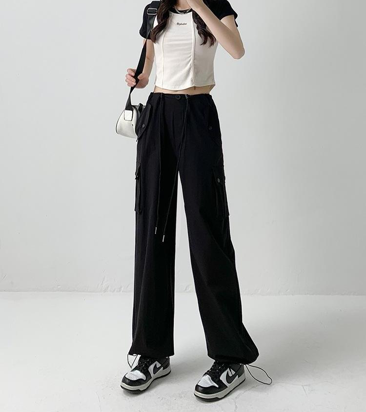 Black Elastic Cargo Pants With Drawstring