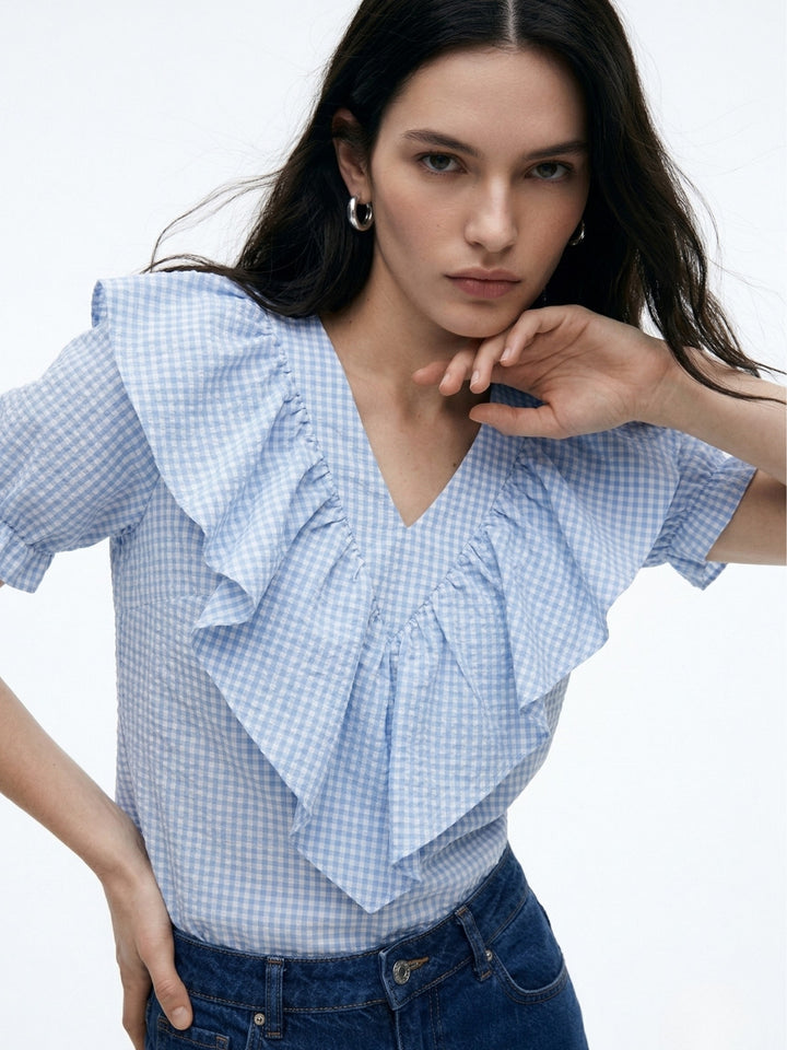 Blue Puff Sleeve Ruffle Neckline Top