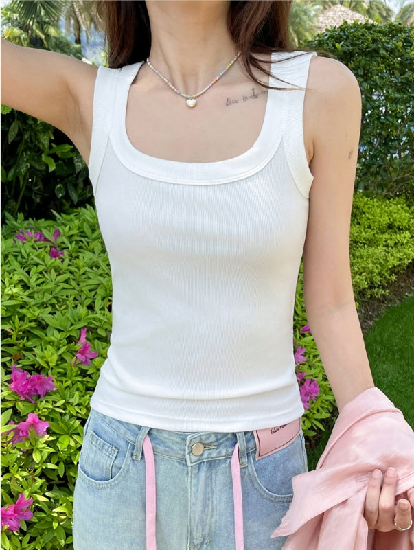 White Scoop Neck Ribbed Tank Top