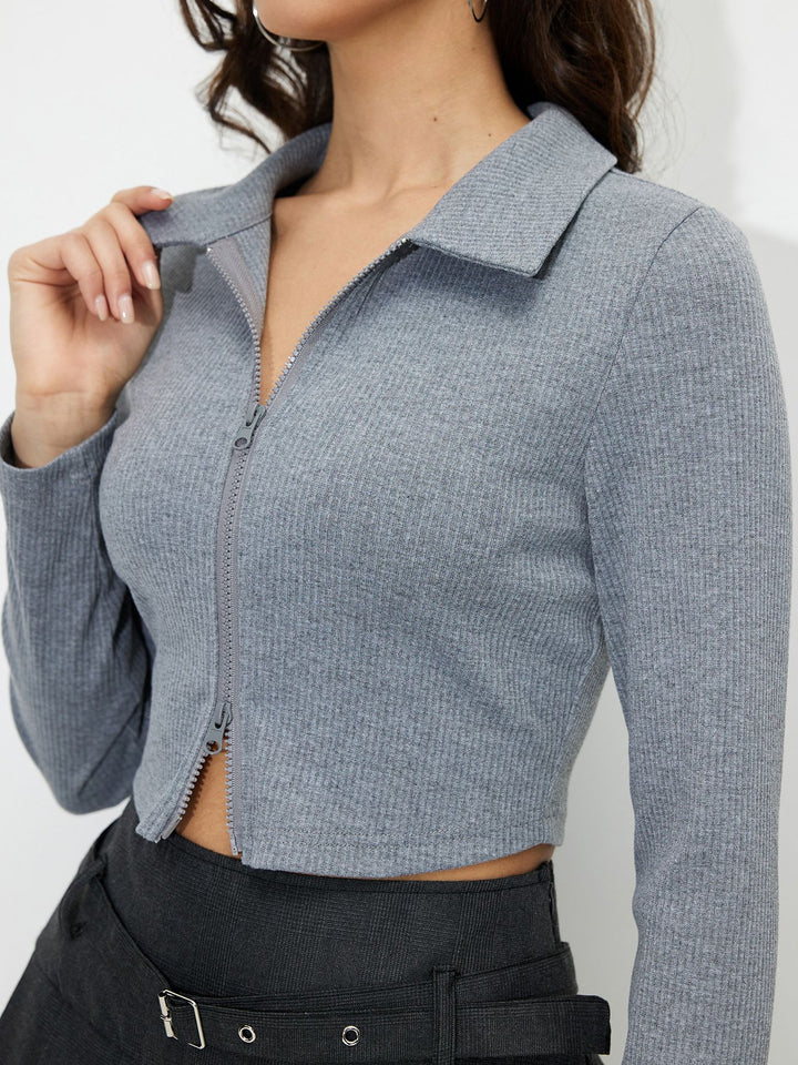 Grey Front Zipper Knit Top