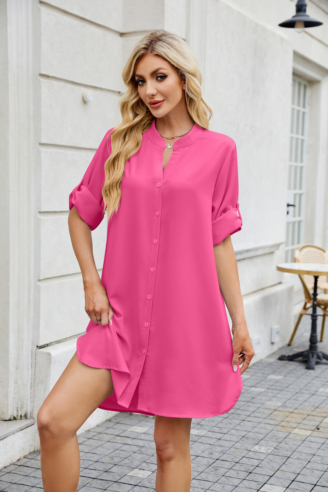 Pink Folded Sleeves Front Buttoned Dress