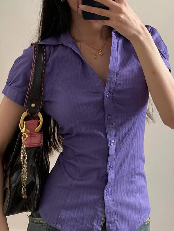 Purple Short Sleeve Front Button Shirt