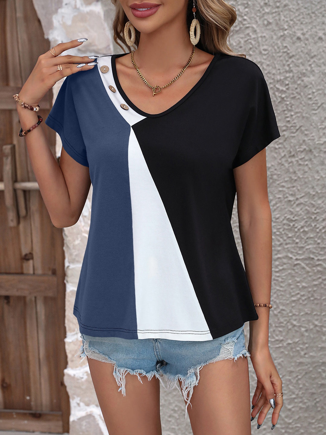 Blue Colour Block Neck Detail Top