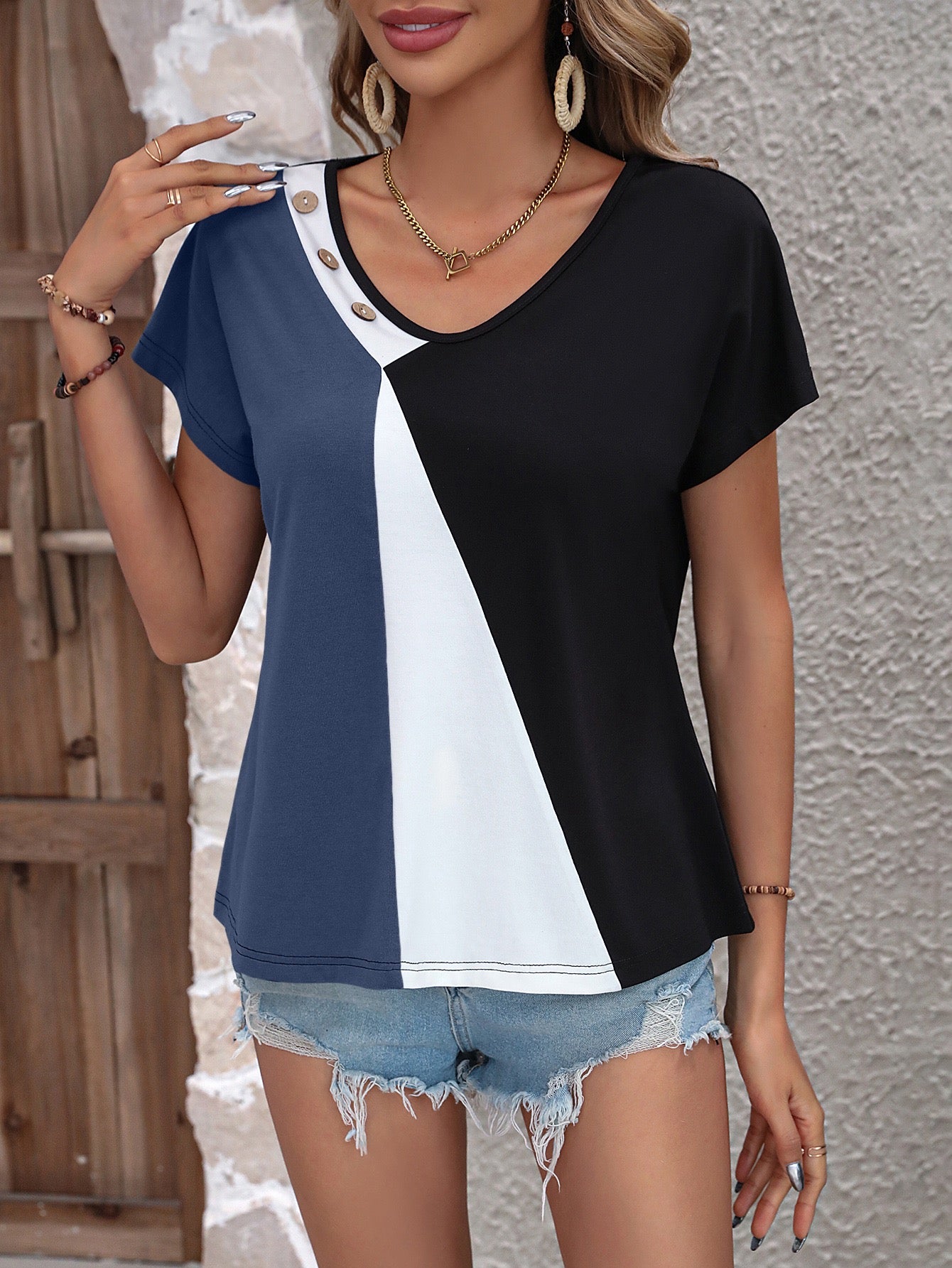 Blue Colour Block Neck Detail Top