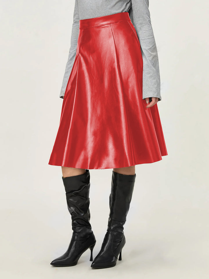 Red Pu Flared Midi Skirt