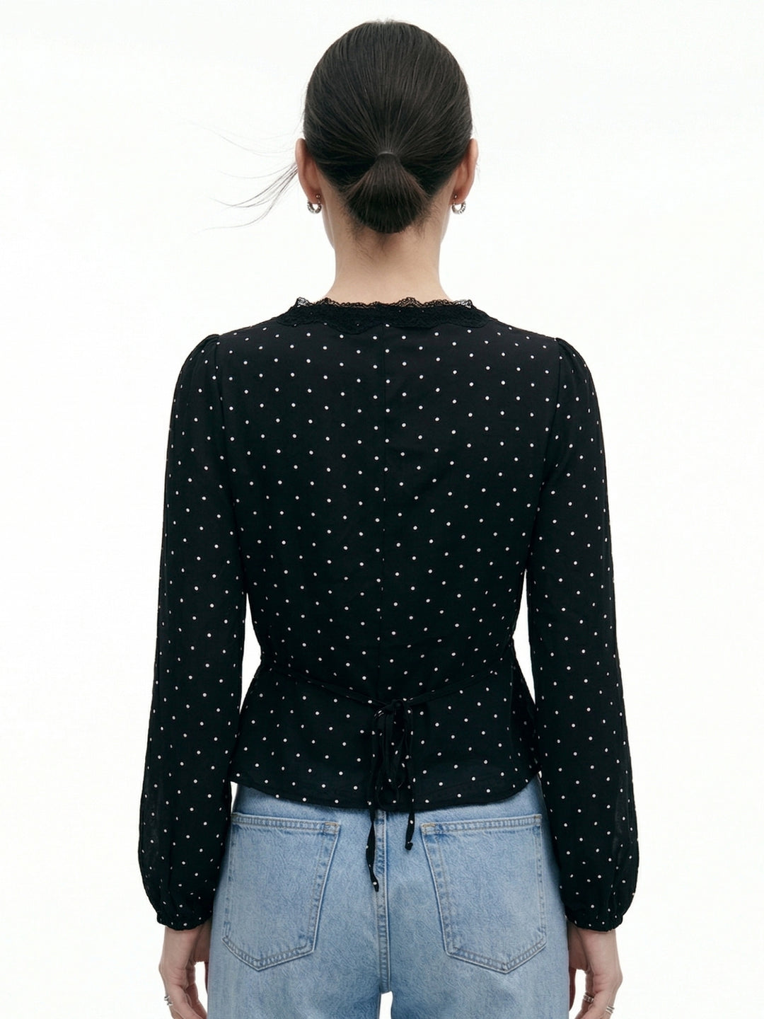 Black Polka Dotted Top With Lace Inserts