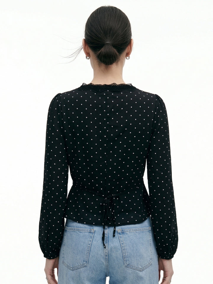 Black Polka Dotted Top With Lace Inserts