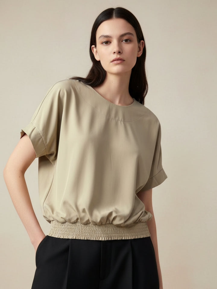 Khaki Waist Elastic Ruffle Sleeve Top