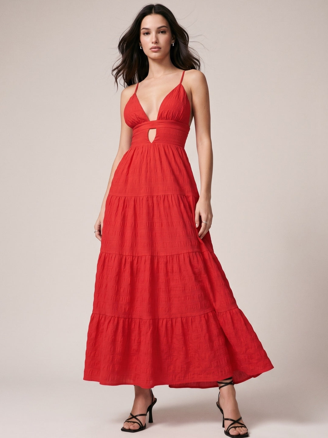 Red V Neck Tiered Dress