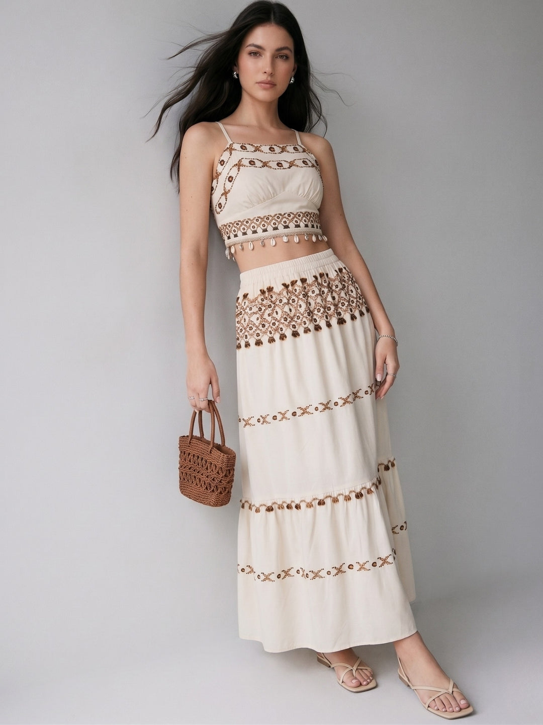 Cream Strappy Crop Top And Skirt Co-Ord Set