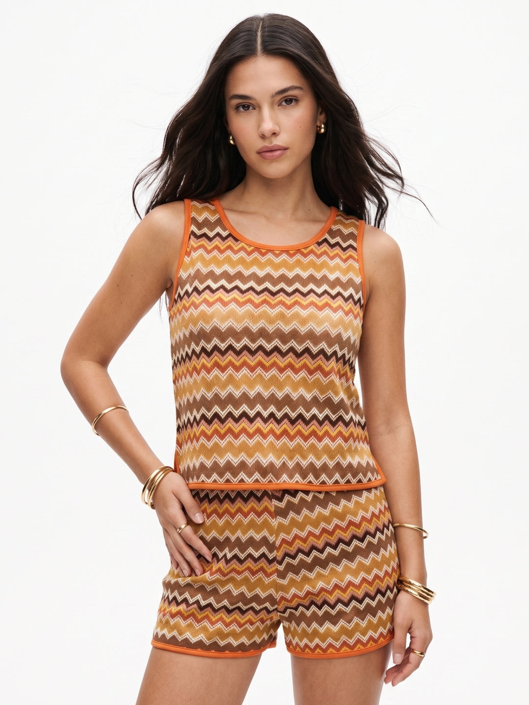 Orange Printed Top And Shorts Set