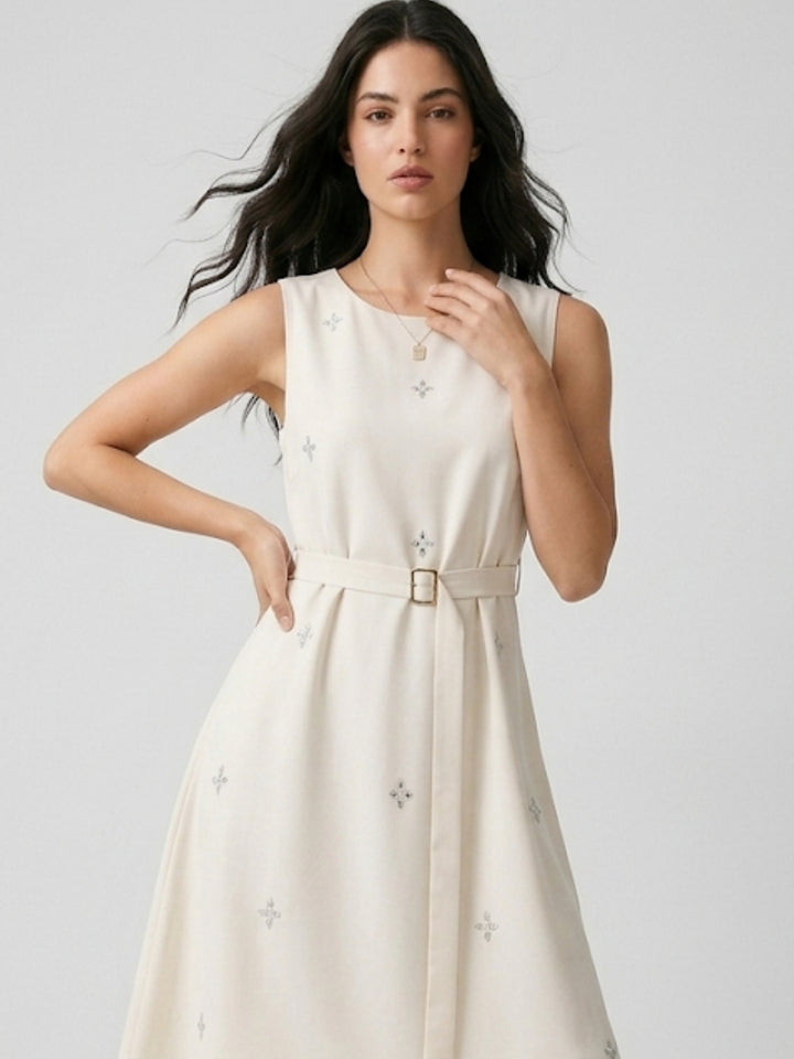 White Waist Belted Printed Dress