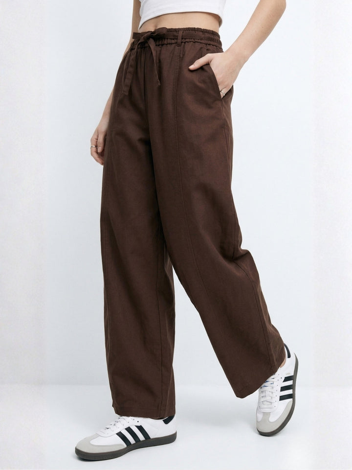 Brown High Waist Pleated Wide Leg Pant