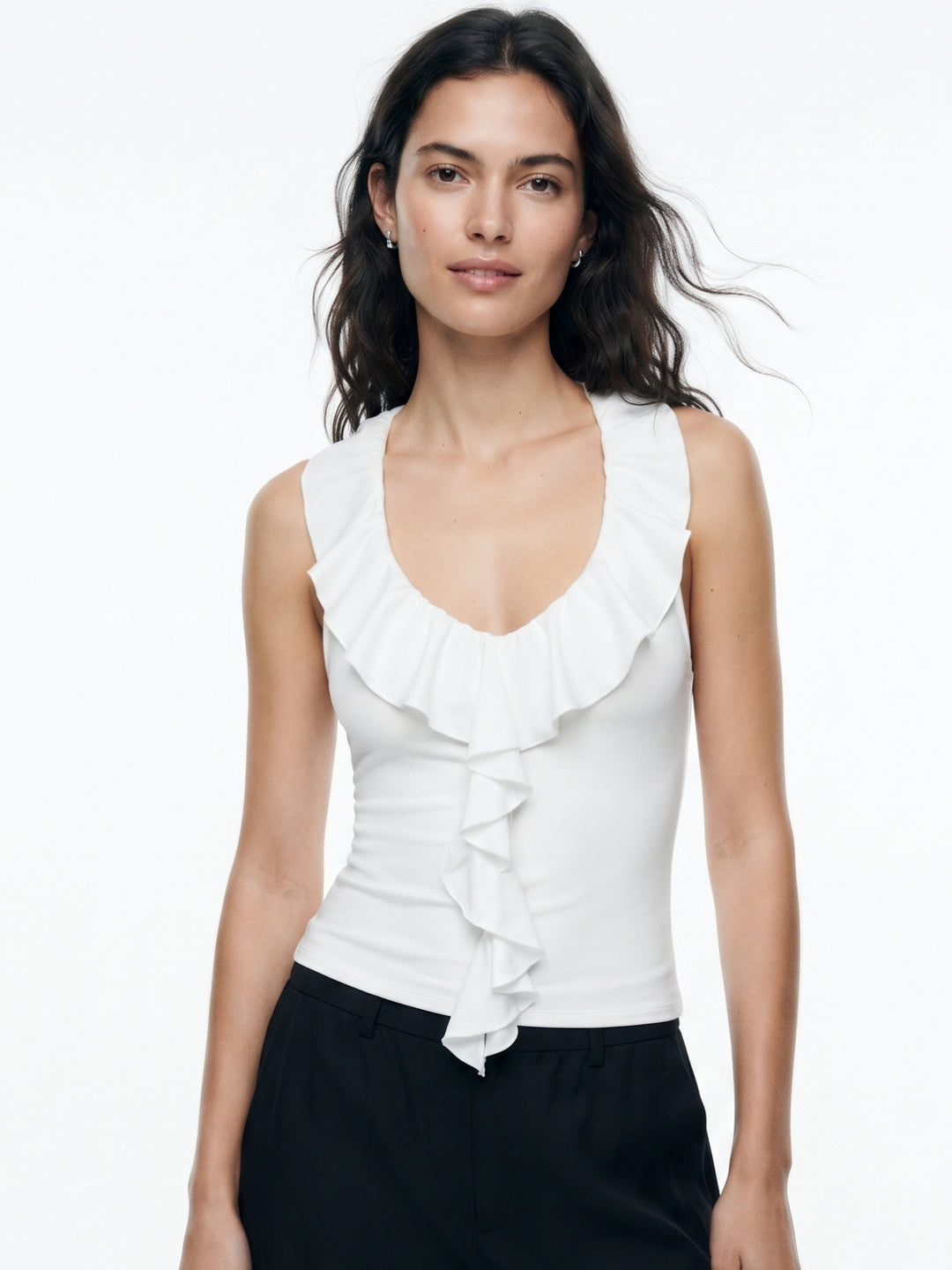 White Ruffle Neck Fitted Tank