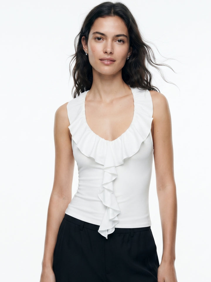 White Ruffle Neck Fitted Tank
