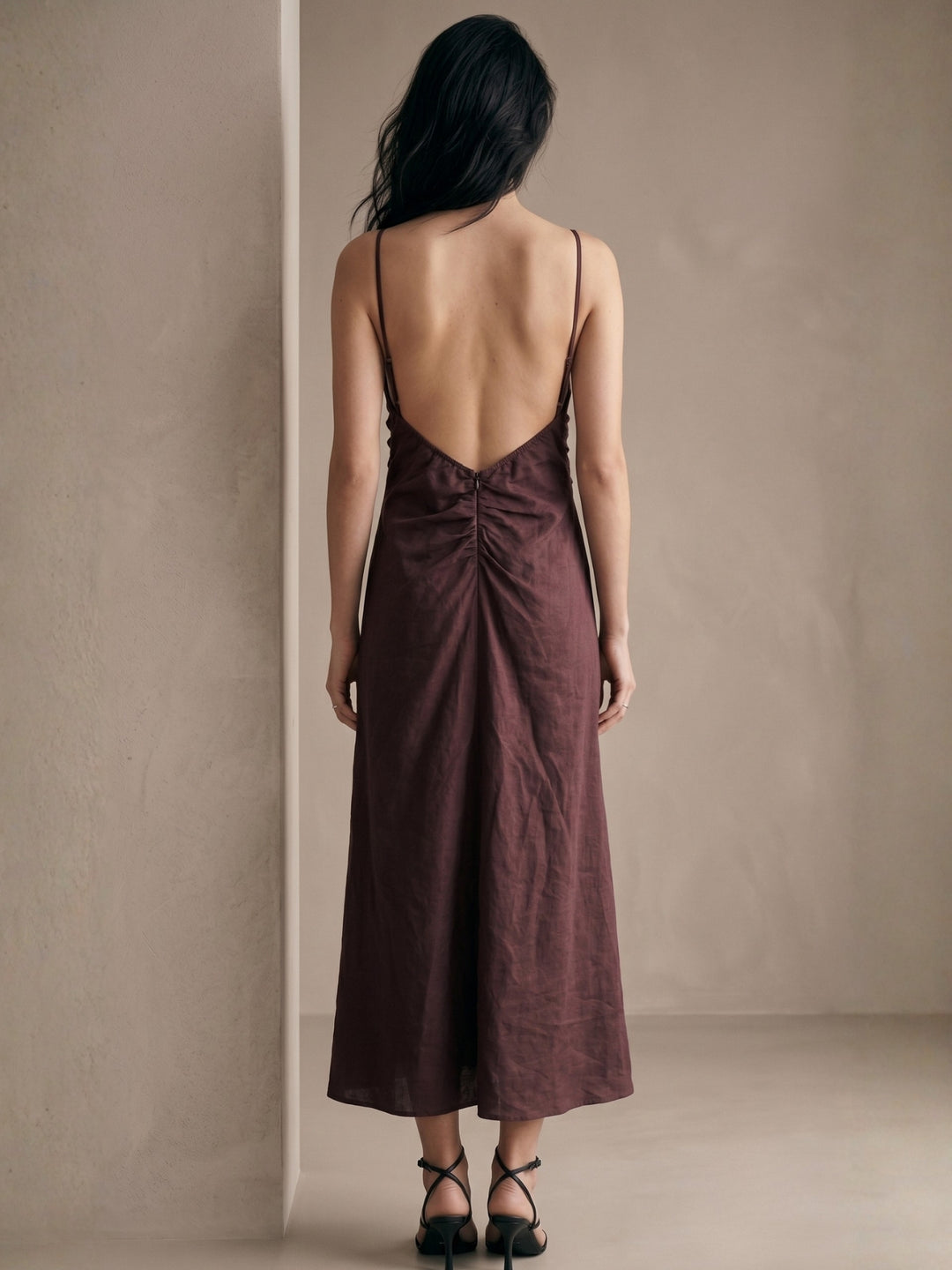 Brown Spaghetti Strap Side Ruched Dress