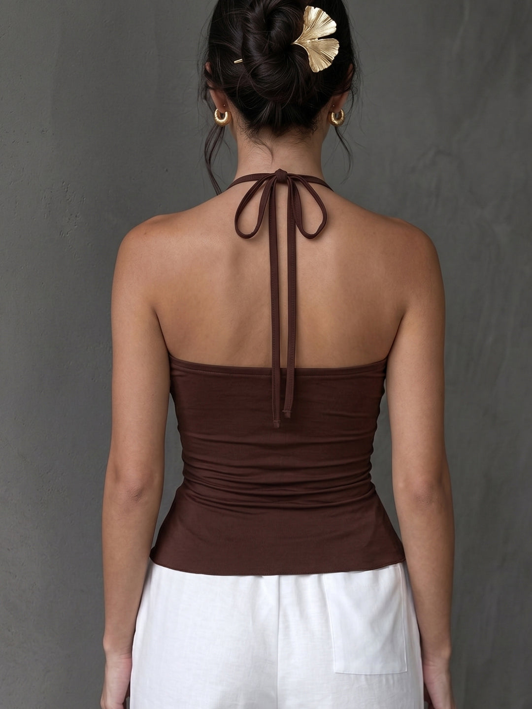 Brown Halter Neck Asymmetrical Hem Top