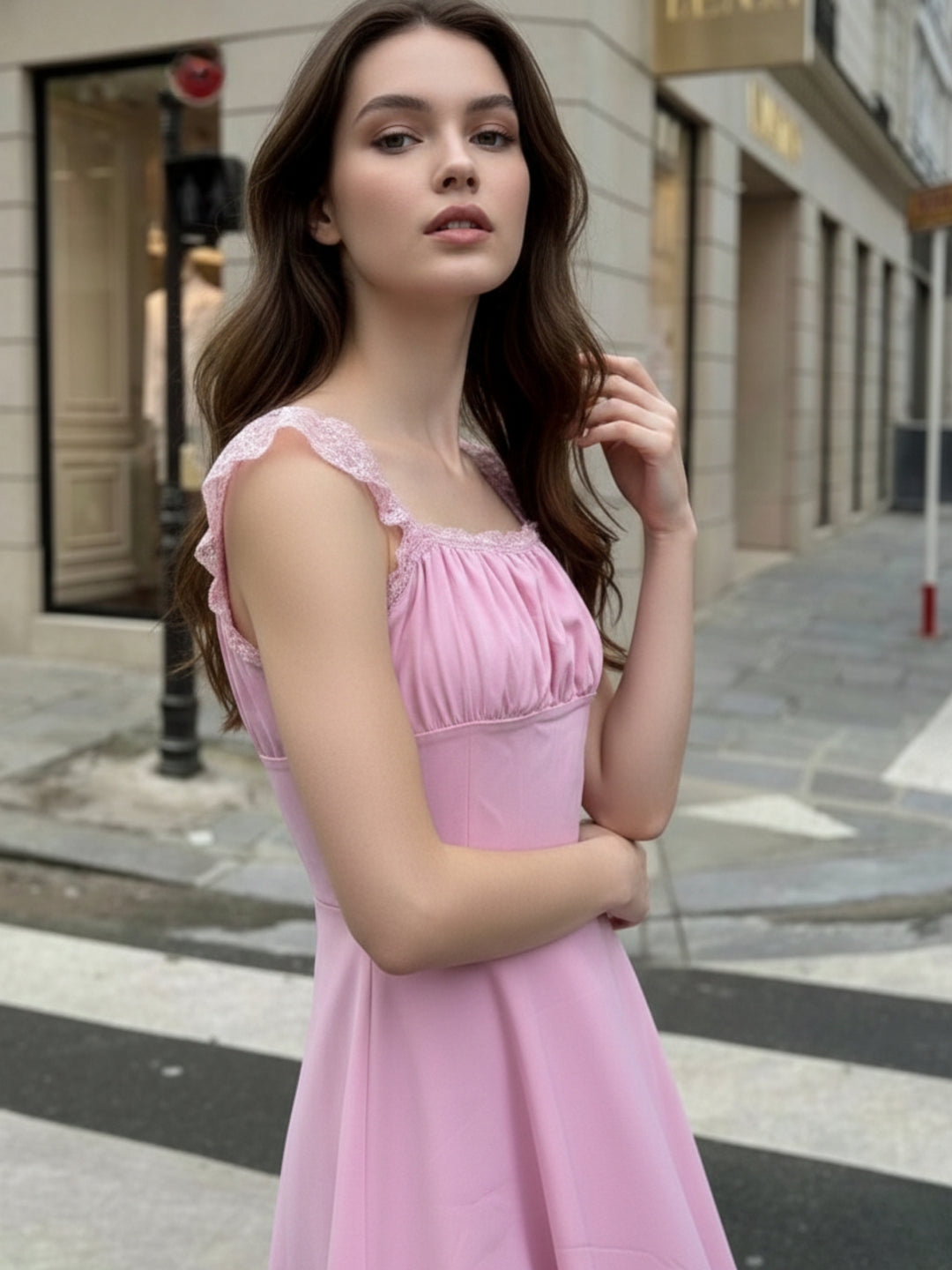 Pink Ruffle Sleeve Lace Hem Dress