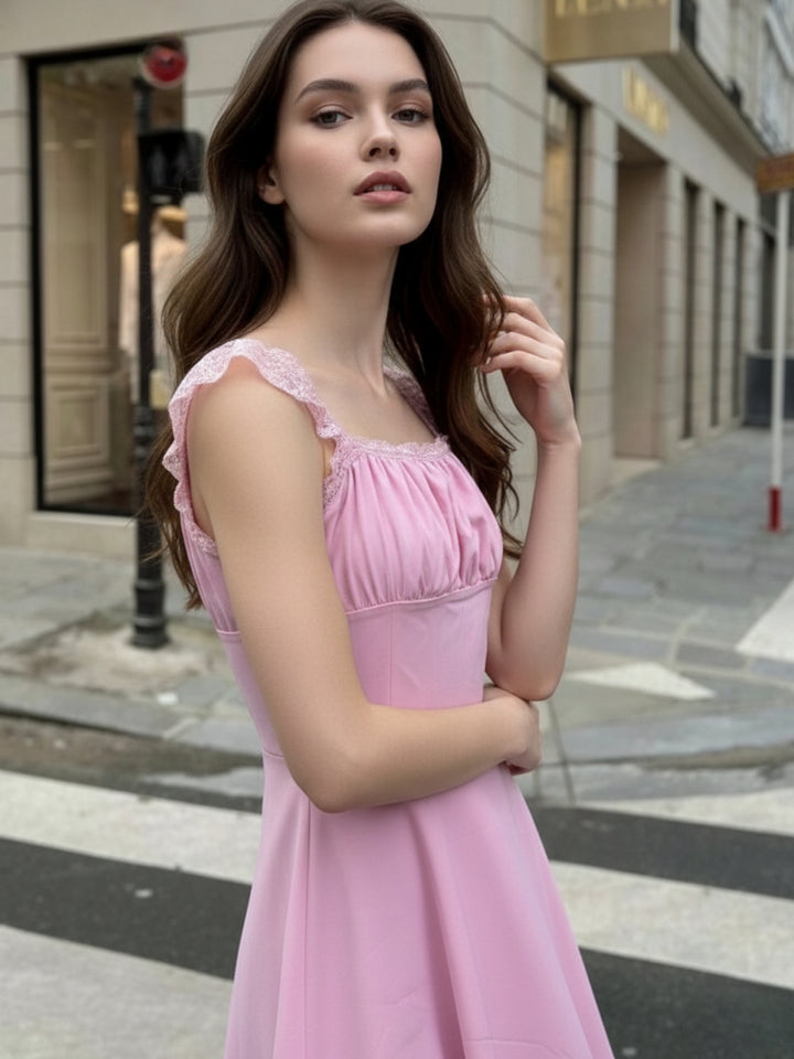 Pink Ruffle Sleeve Lace Hem Dress