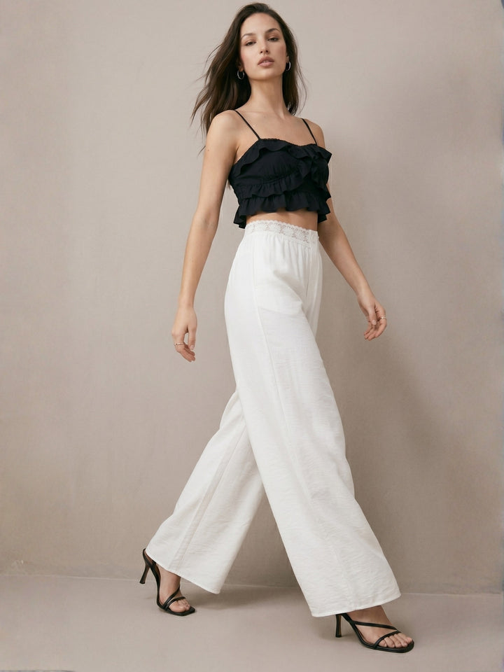 White Waist Trim Details Wide Leg Pant