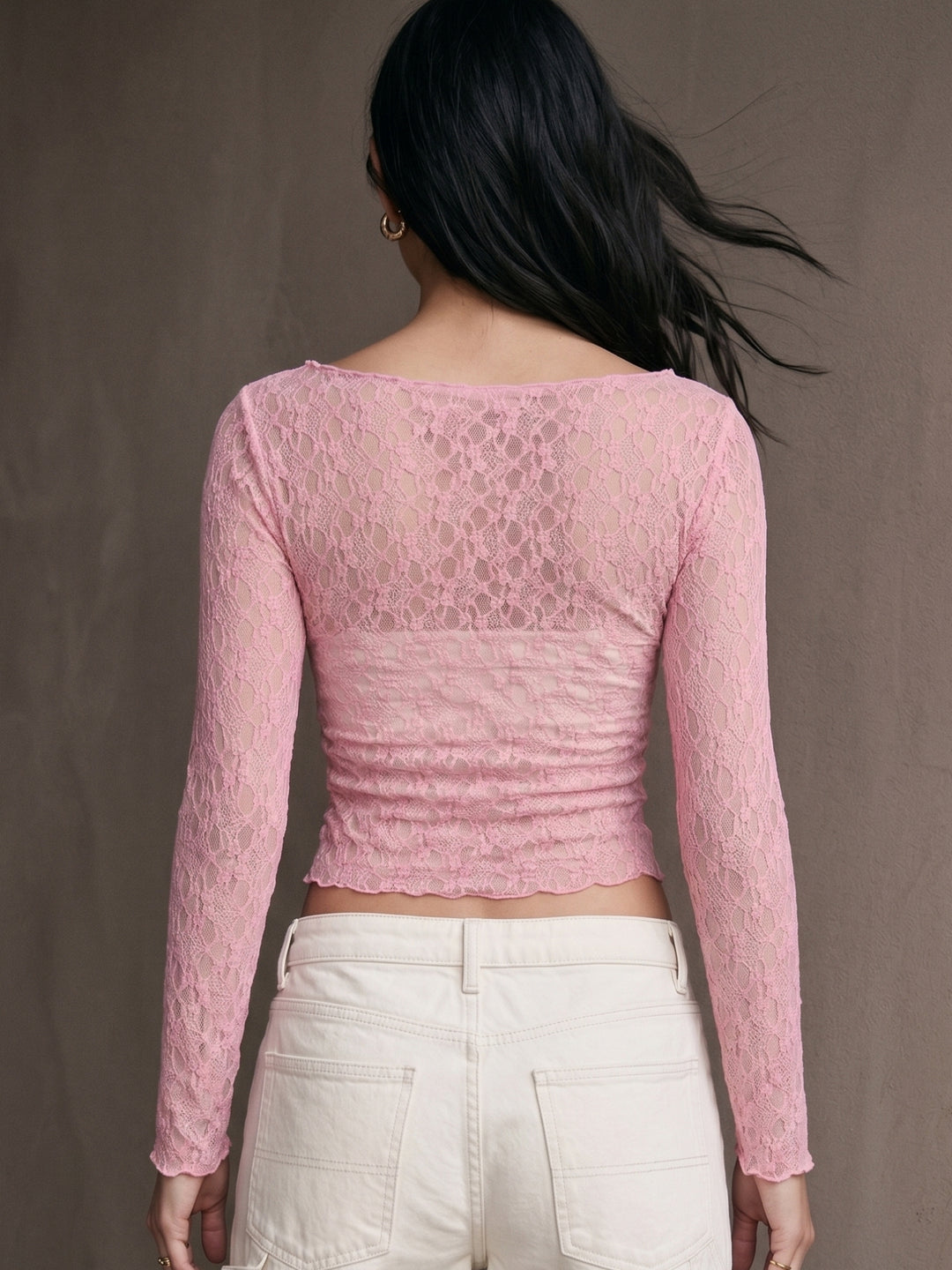 Pink Textured Mesh Sheer Top