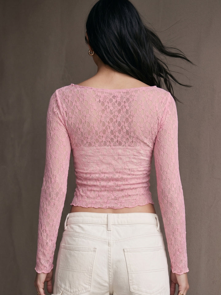 Pink Textured Mesh Sheer Top