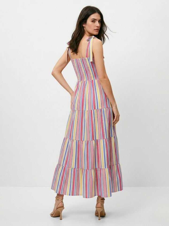 Blue Tiered Ruffled Hem Strap Tie Up Dress