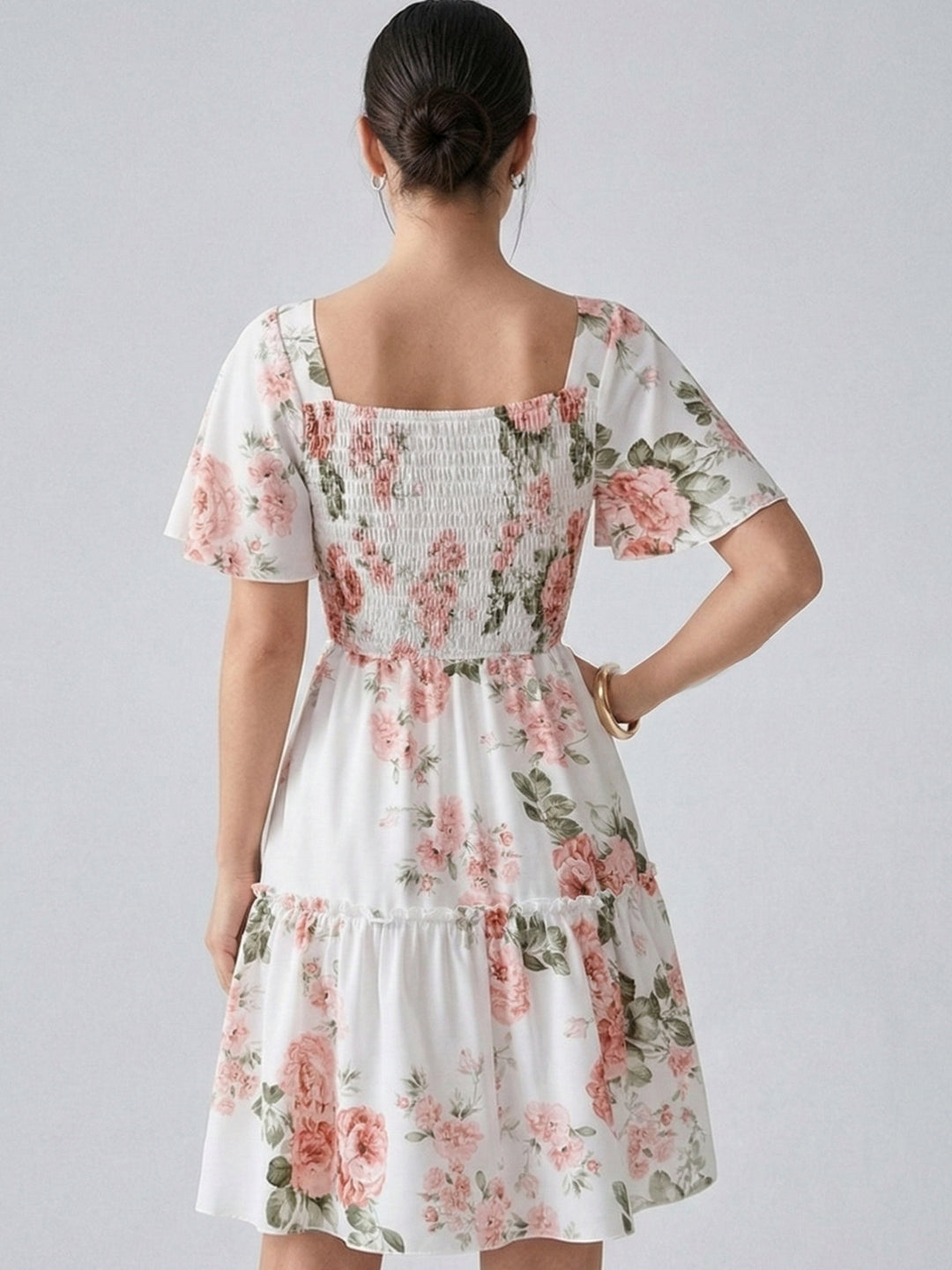 White Flare Sleeve Tiered Floral Dress