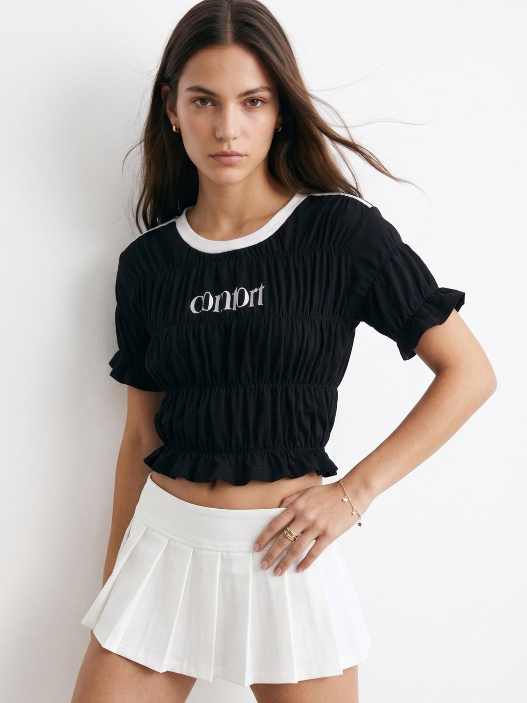 Black Contrast Neck Smocked Top