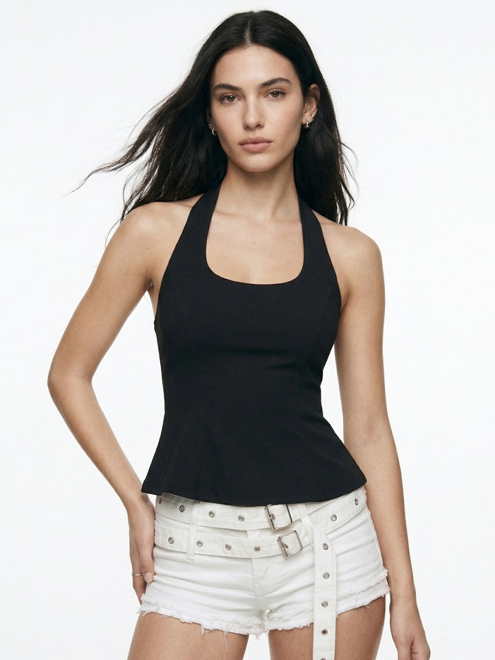 Black U Neck Solid Peplum Top