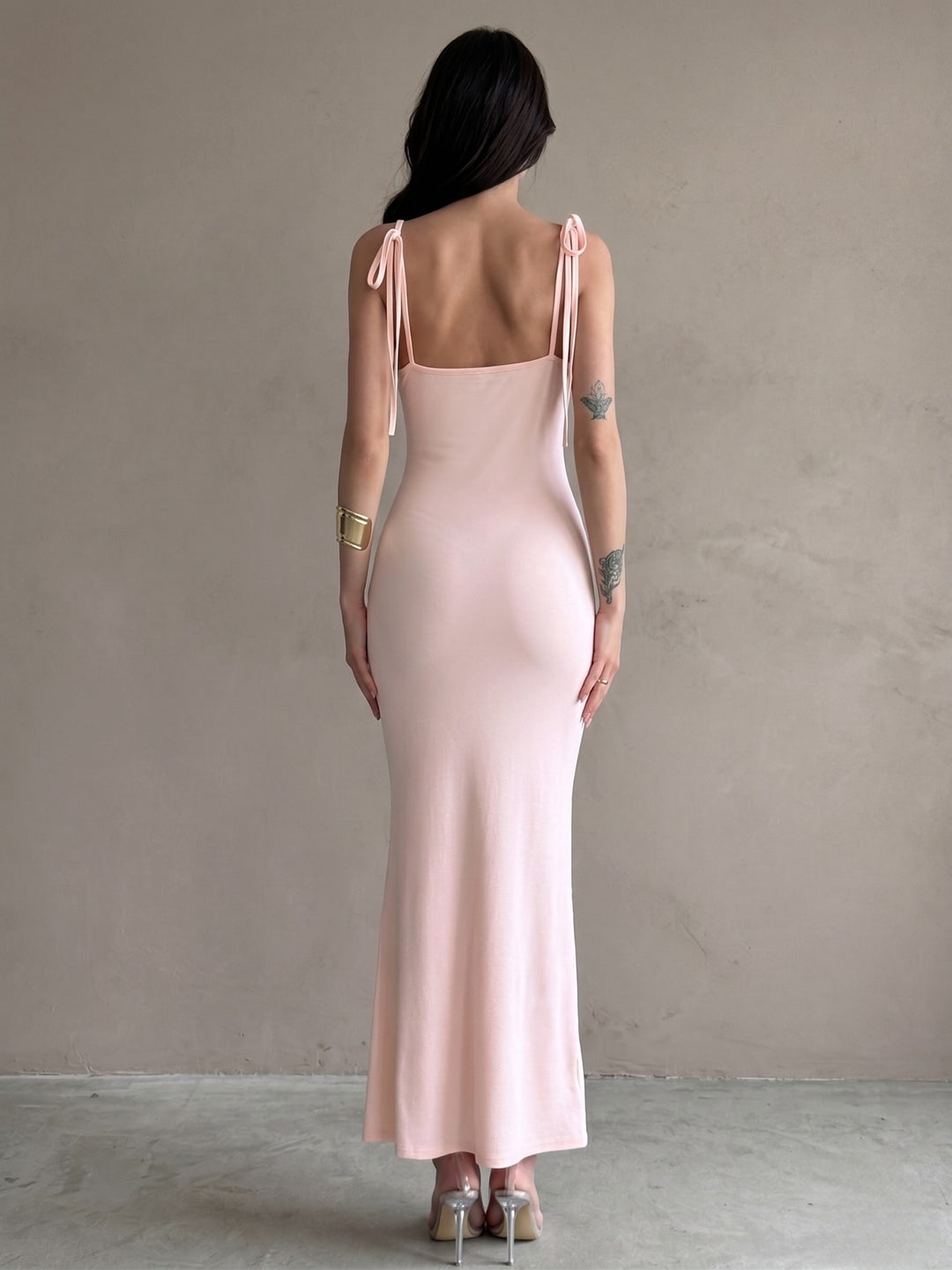 Pink Shoulder Strap Front Tie-Up Dress