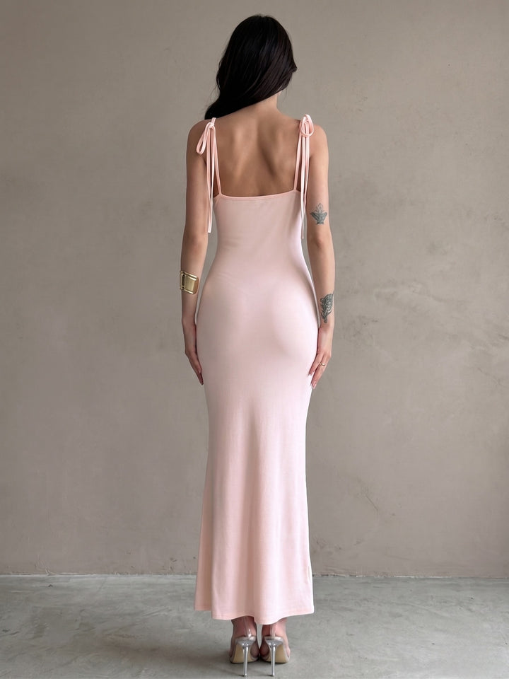 Pink Shoulder Strap Front Tie-Up Dress