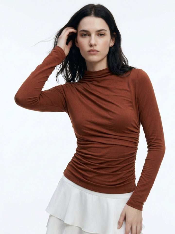 Brown Full Sleeve Mock Neck Top