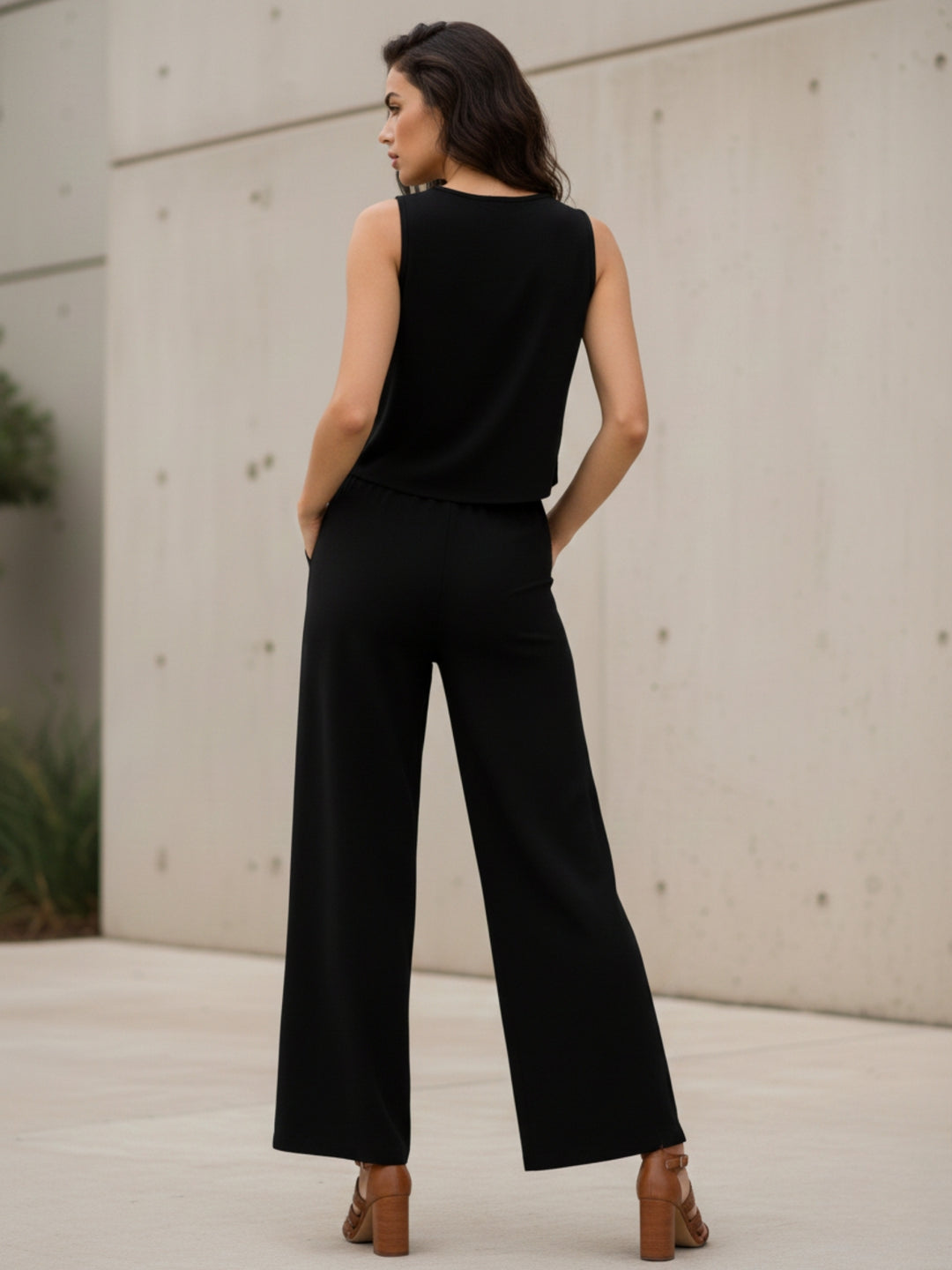 Black Sleeveless Front Button Top And Pant Set