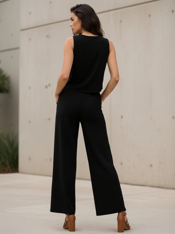 Black Sleeveless Front Button Top And Pant Set