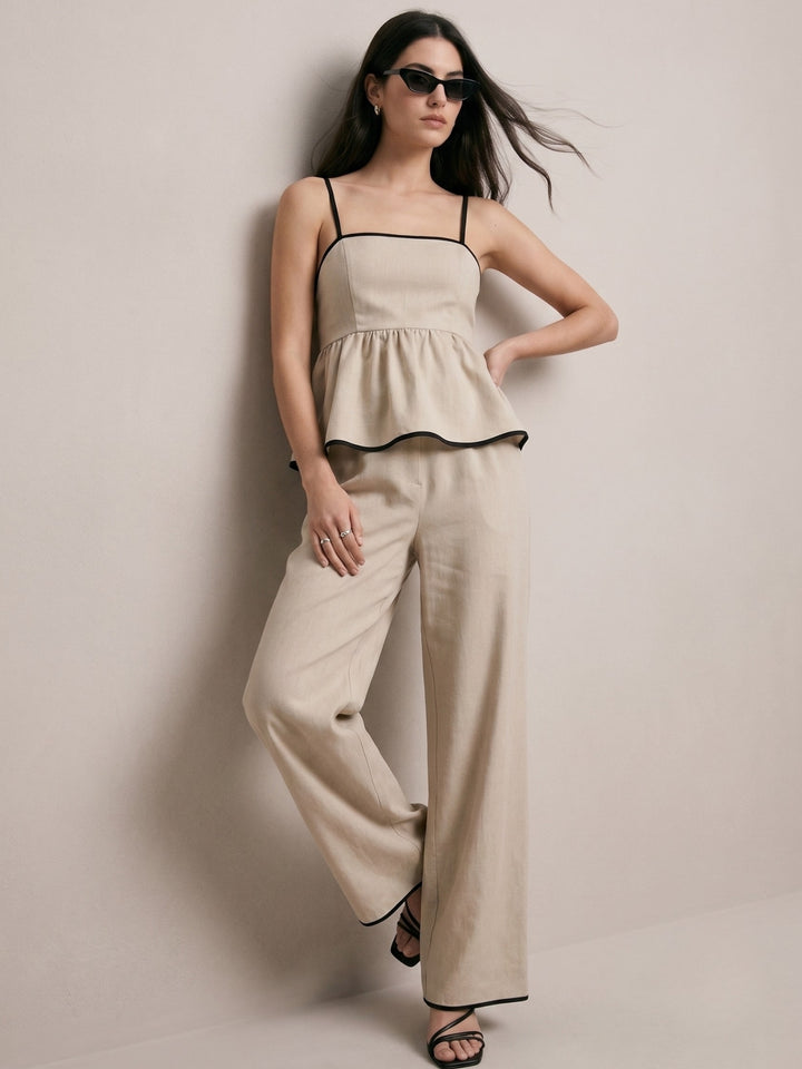 Cream Strappy Peplum Top With Trousers Co-Ord Set