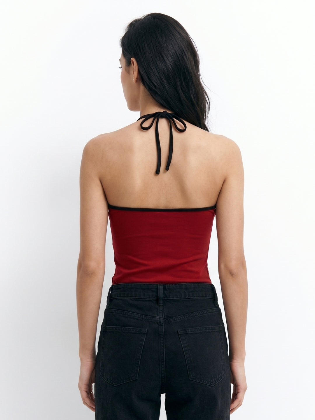 Red Halter Neck Contrast Edge Fitted Top