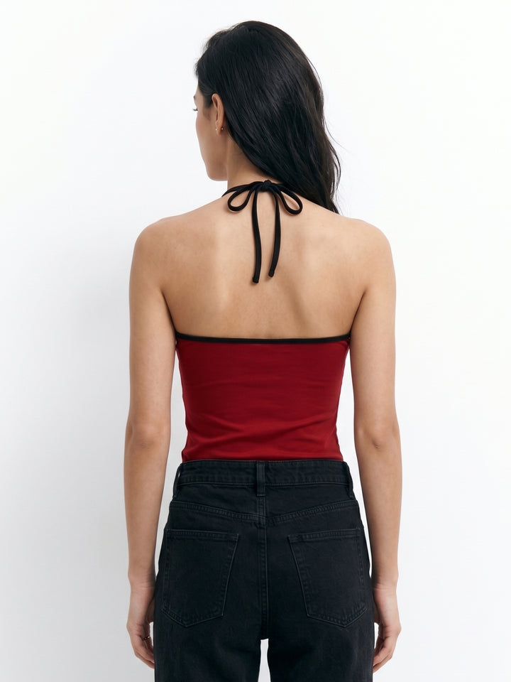 Red Halter Neck Contrast Edge Fitted Top